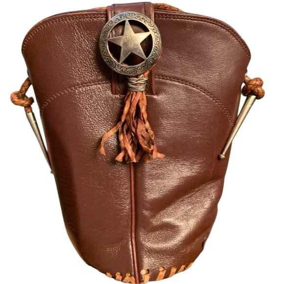 Leather Mini Bucket Bag by Justin Boots Western Star Concho VTG - Picture 4 of 11